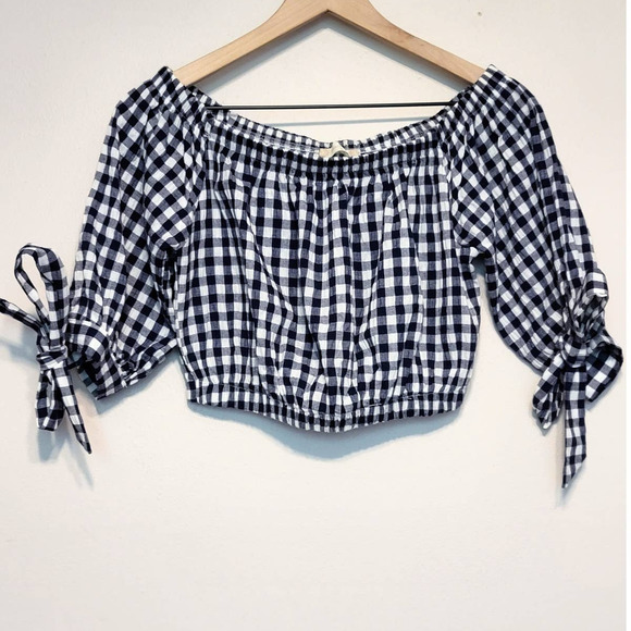 Altar'd State Blue and White Checkered Off Shoulder Cropped Summer Top - Small - Picture 2 of 4